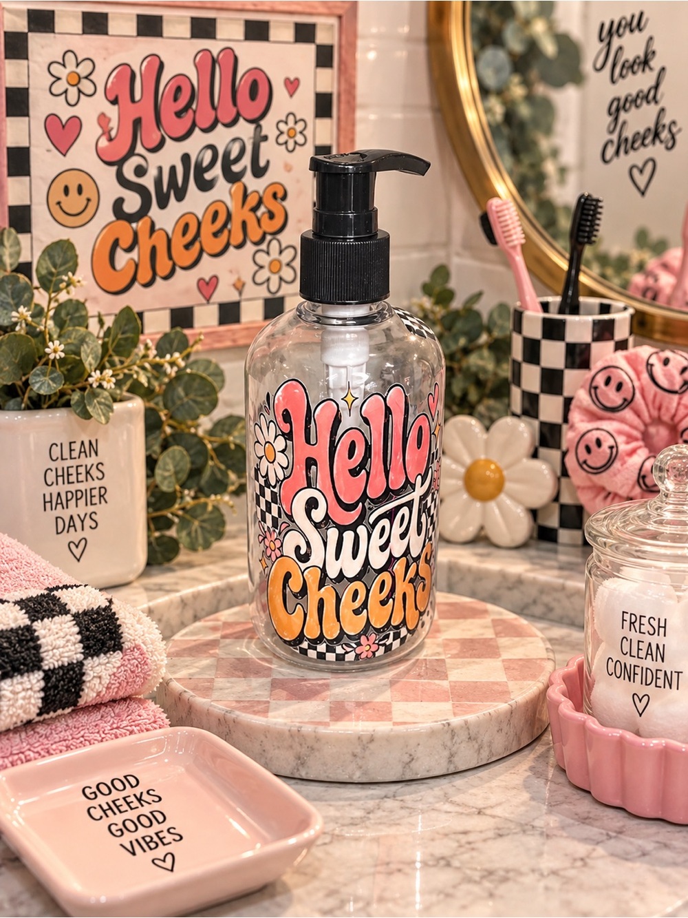 Hello Sweet Cheeks Pink & Yellow Hand Soap Bottle
